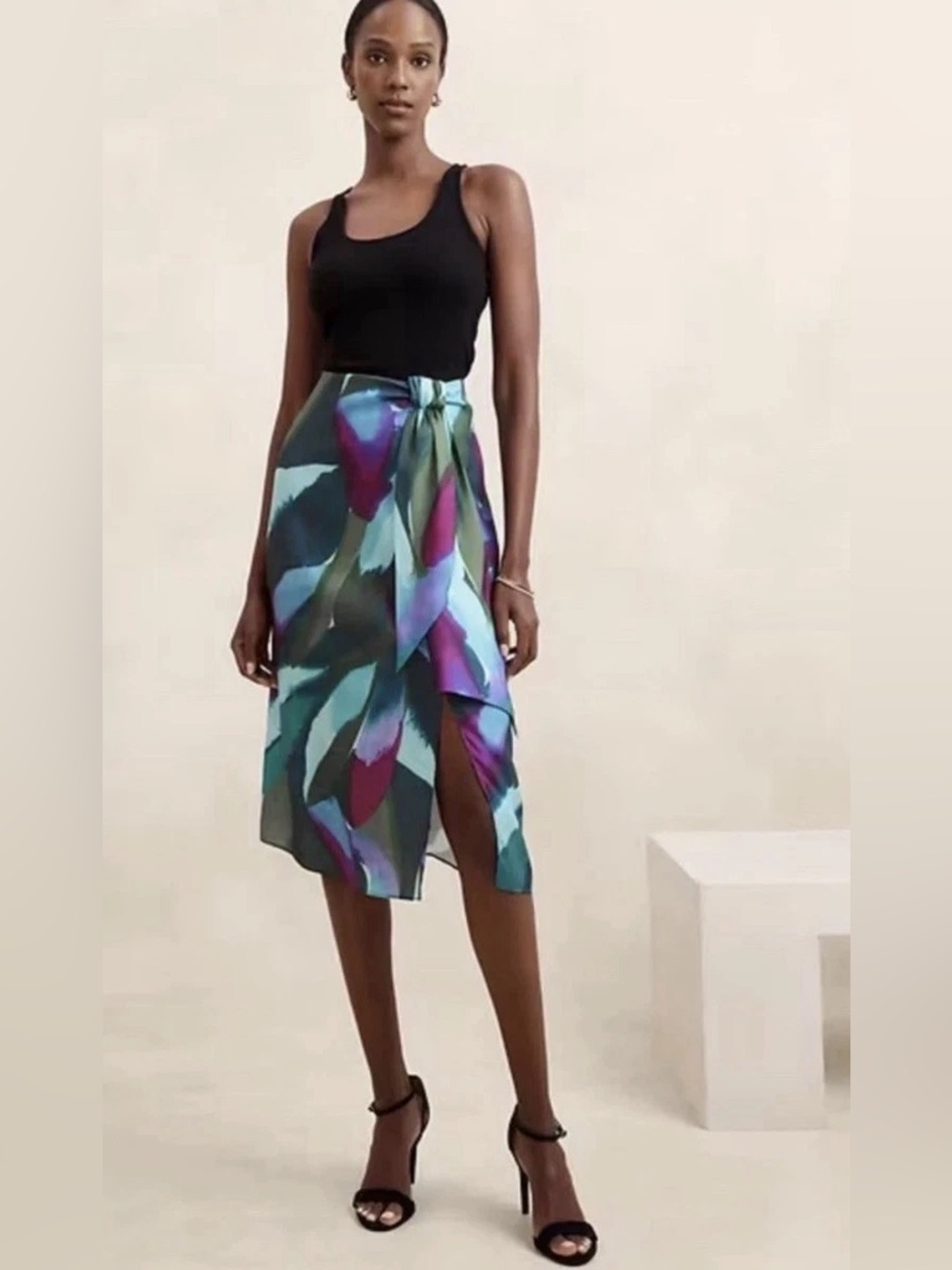 BANANA REPUBLIC Abstract Teal and Purple Floral Tie-Waist Sarong Midi Skirt 6